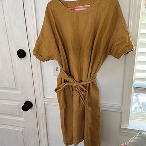 NotPerfect Linen- Midi Loose Linen Dress with Drop Shoulder in Amber Yellow